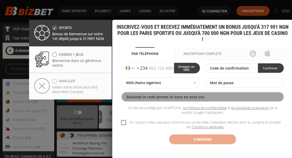 L'inscription à BizBet est simple et directe