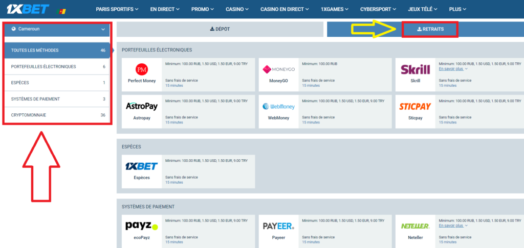 Effectuer des transactions sur 1xBet